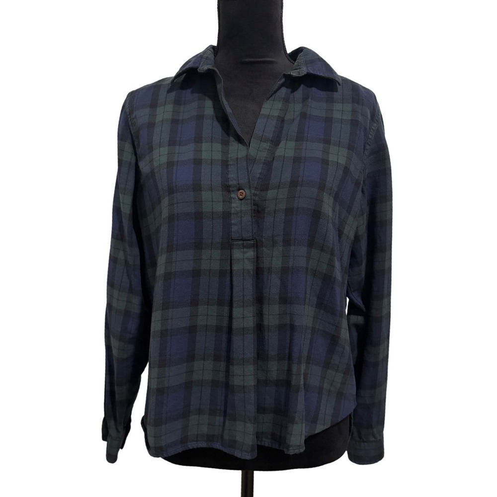 L.L.Bean Popover Shirt Womens Small Blue Green Plaid Organic Cotton Flannel